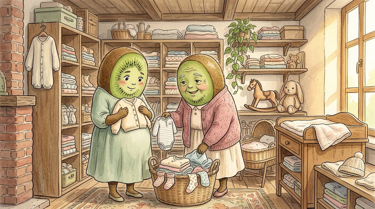 Famille kiwi-fruit dans la boutique Petit Kiwi à Eghezée, préparant ensemble l'arrivée de bébé avec des vêtements et articles de puériculture en seconde main, illustration aquarelle style Ghibli