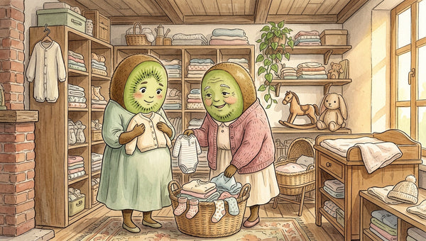 Famille kiwi-fruit dans la boutique Petit Kiwi à Eghezée, préparant ensemble l'arrivée de bébé avec des vêtements et articles de puériculture en seconde main, illustration aquarelle style Ghibli