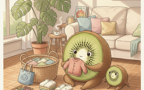 Petit Kiwi — illustration aquarelle : maman kiwi-fruit trie des vêtements d'enfants pour un dépôt en seconde main