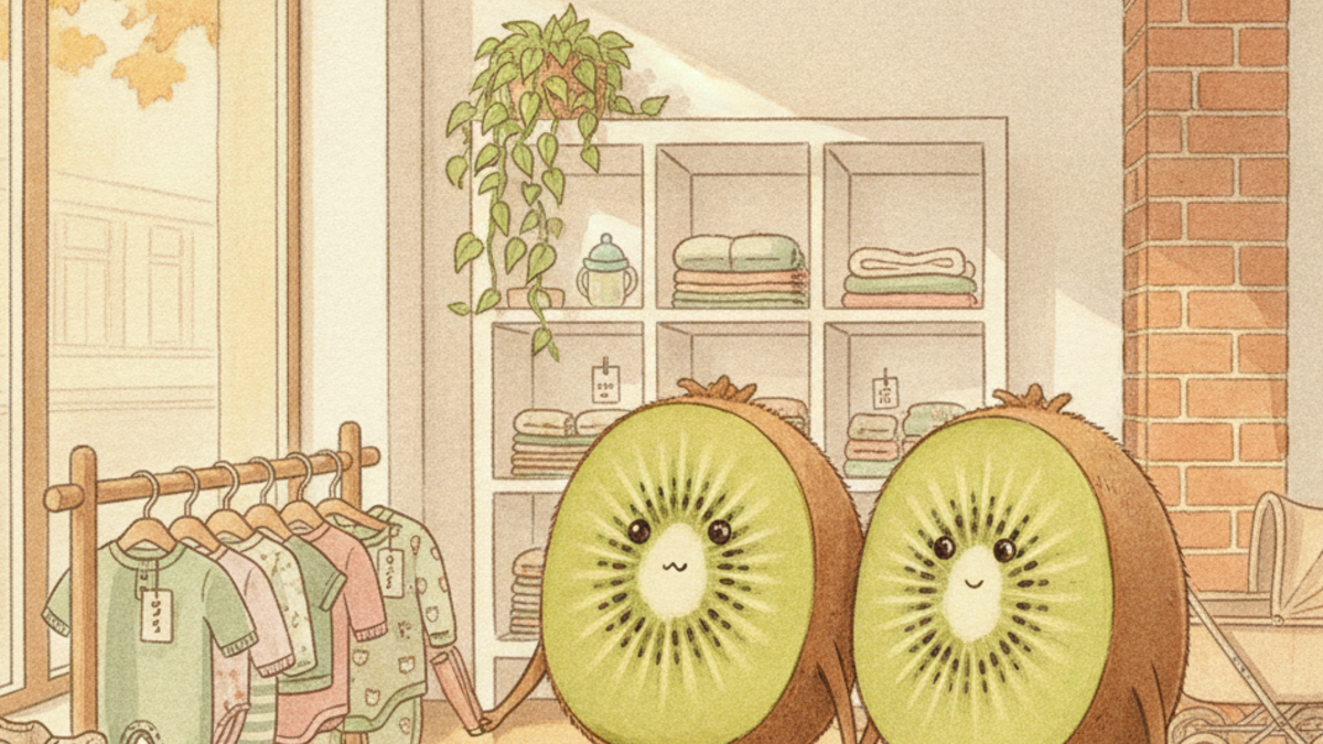 Illustration Petit Kiwi seconde main — parents kiwi-fruits qui chinent des vêtements bébé dans une boutique de seconde main chaleureuse