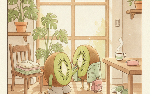 Illustration Petit Kiwi aquarelle — personnages kiwi-fruits préparent la rentrée scolaire en seconde main dans un intérieur belge chaleureux