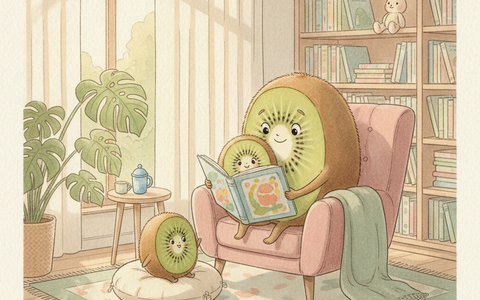 Famille kiwi lisant ensemble dans un coin lecture chaleureux — Petit Kiwi, livres jeunesse en seconde main à Eghezée