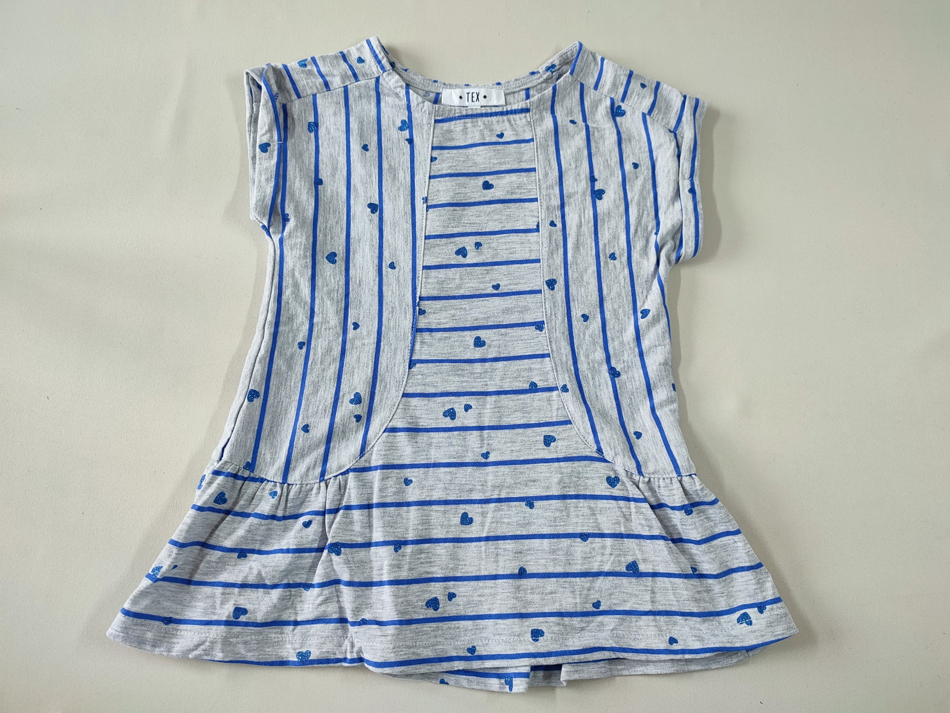 Robe m.c jersey grise lignée bleue coeurs paillettes