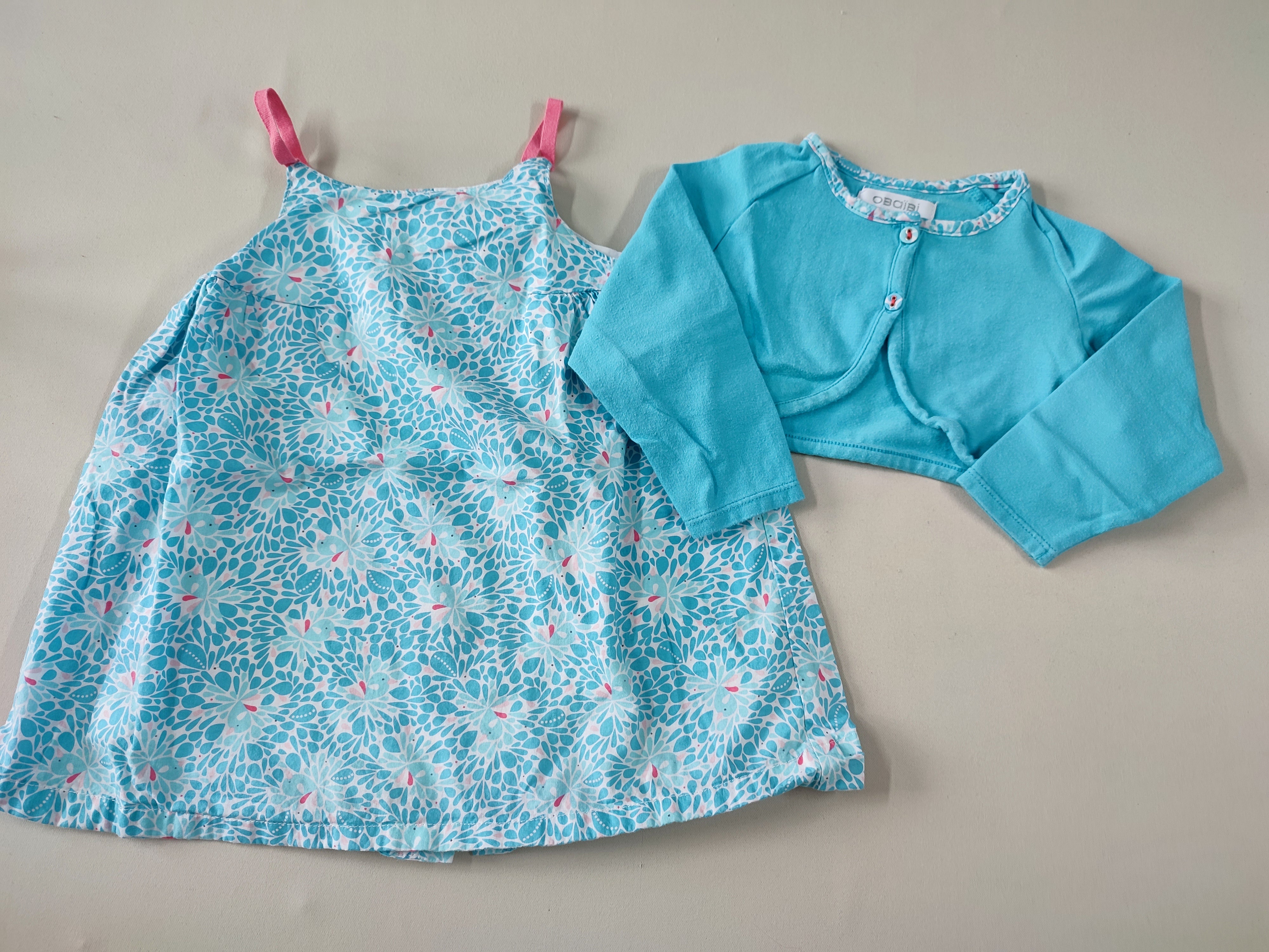 Robe fines bretelles blanche à motifs turquoise oiseaux + Boléro turquoise