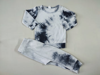 Pyjama 2pcs jersey côtes blanc effet tacheté gris/noir