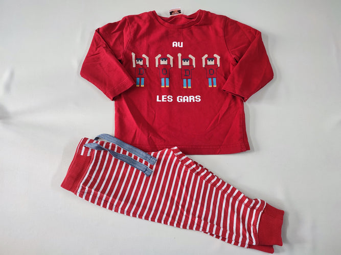 Pyjama 2pcs jersey rouge "Au dodo les gars" + pantalon rayé rouge/blanc, moins cher chez Petit Kiwi