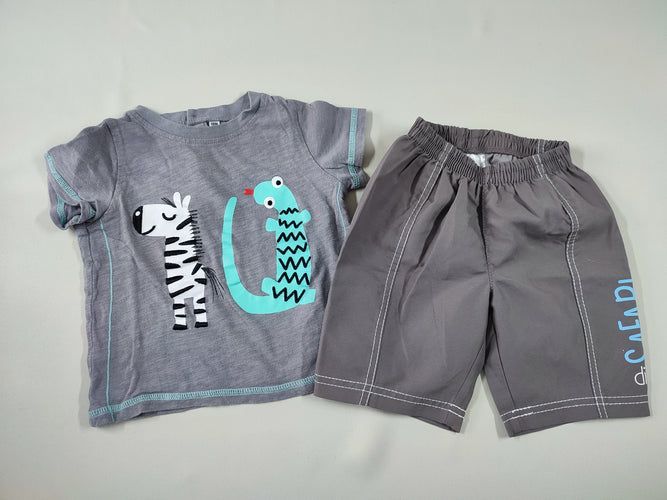 T-shirt m.c gris zèbre lézard + Bermuda toile gris "Safari dino", moins cher chez Petit Kiwi