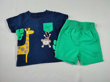 T-shirt m.c bleu marine girafe singe + Short toile vert 