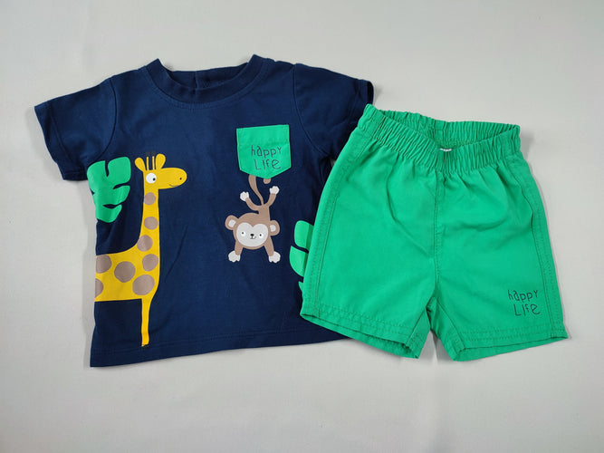 T-shirt m.c bleu marine girafe singe + Short toile vert "Happy life", moins cher chez Petit Kiwi