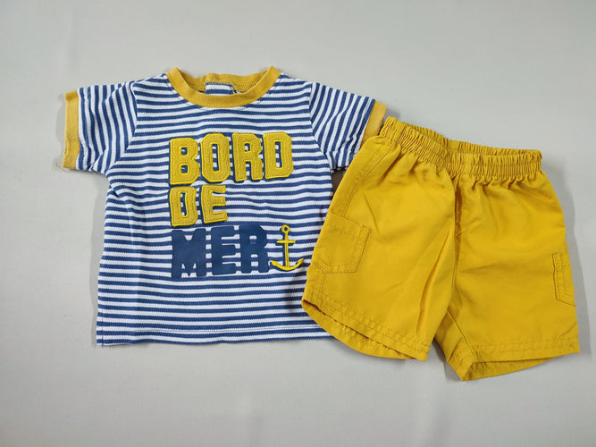T-shirt m.c rayé blanc/bleu "Bord de mer" + Short toile jaune, moins cher chez Petit Kiwi
