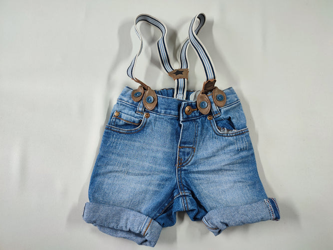 Short jeans bleu à revers + bretelles lignée, moins cher chez Petit Kiwi