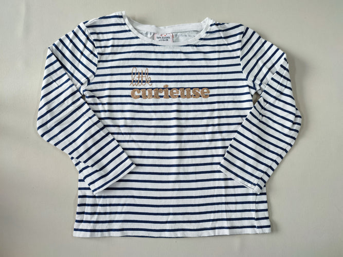 T-shirt m.l blanc rayé bleu marine "Little curieuse", moins cher chez Petit Kiwi