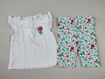 T-shirt m.c blanc broderie fleur + Legging court blanc motifs à fleurs