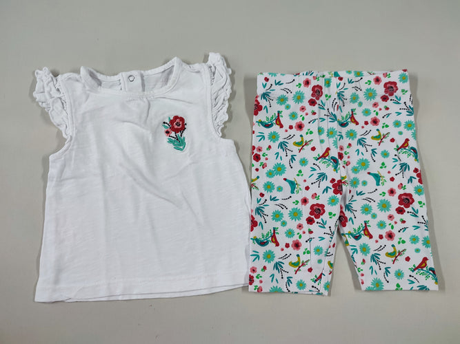 T-shirt m.c blanc broderie fleur + Legging court blanc motifs à fleurs, moins cher chez Petit Kiwi