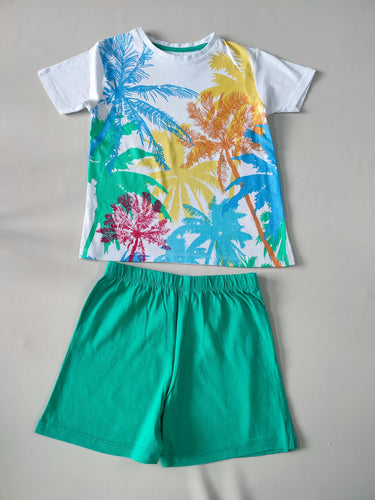 T-shirt m.c blanc palmiers multicolore + Short jersey vert, moins cher chez Petit Kiwi