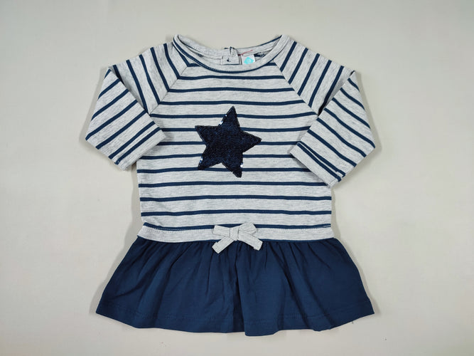 Robe m.l bi-matière jersey molleton rayée grise/bleue étoile sequins, moins cher chez Petit Kiwi