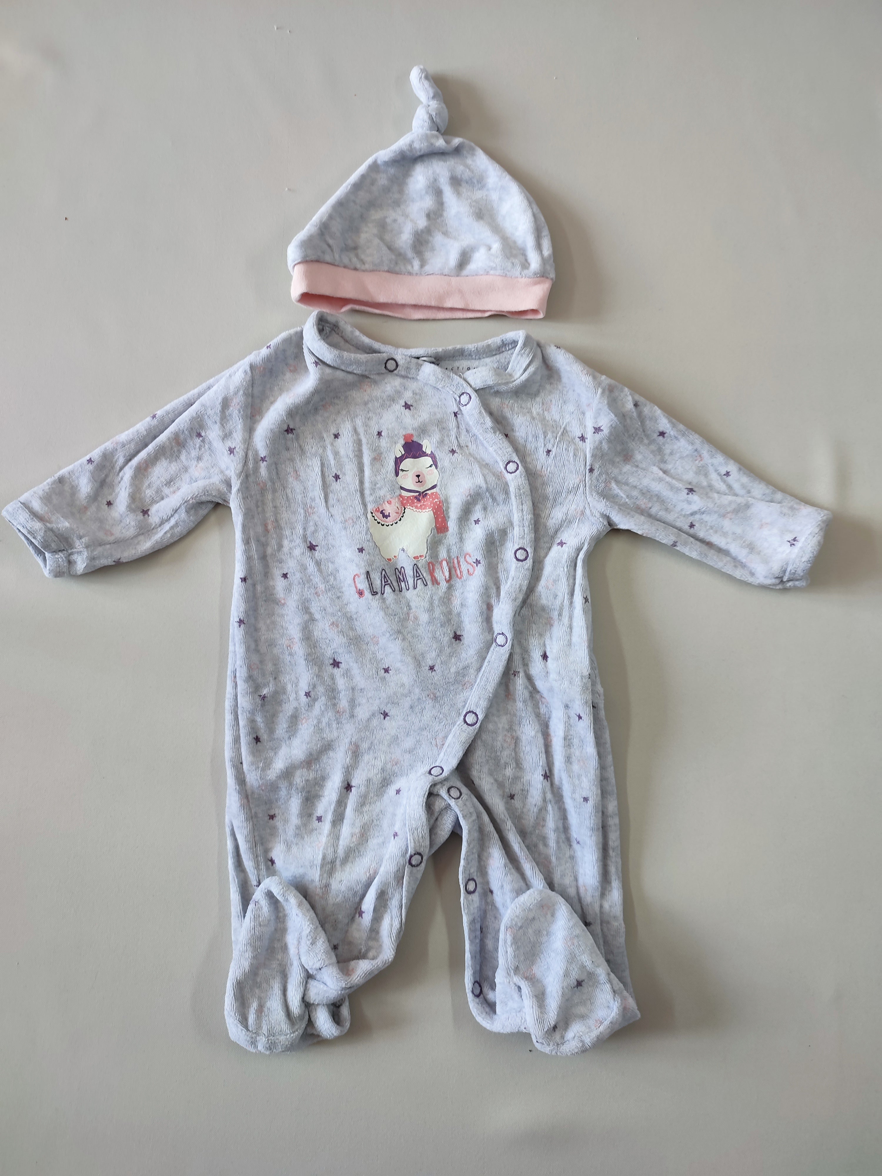 Pyjama velours gris étoiles mauves lama 