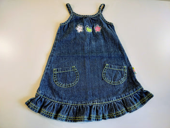 Robe denim à bretelles , motifs fleurs et coeur