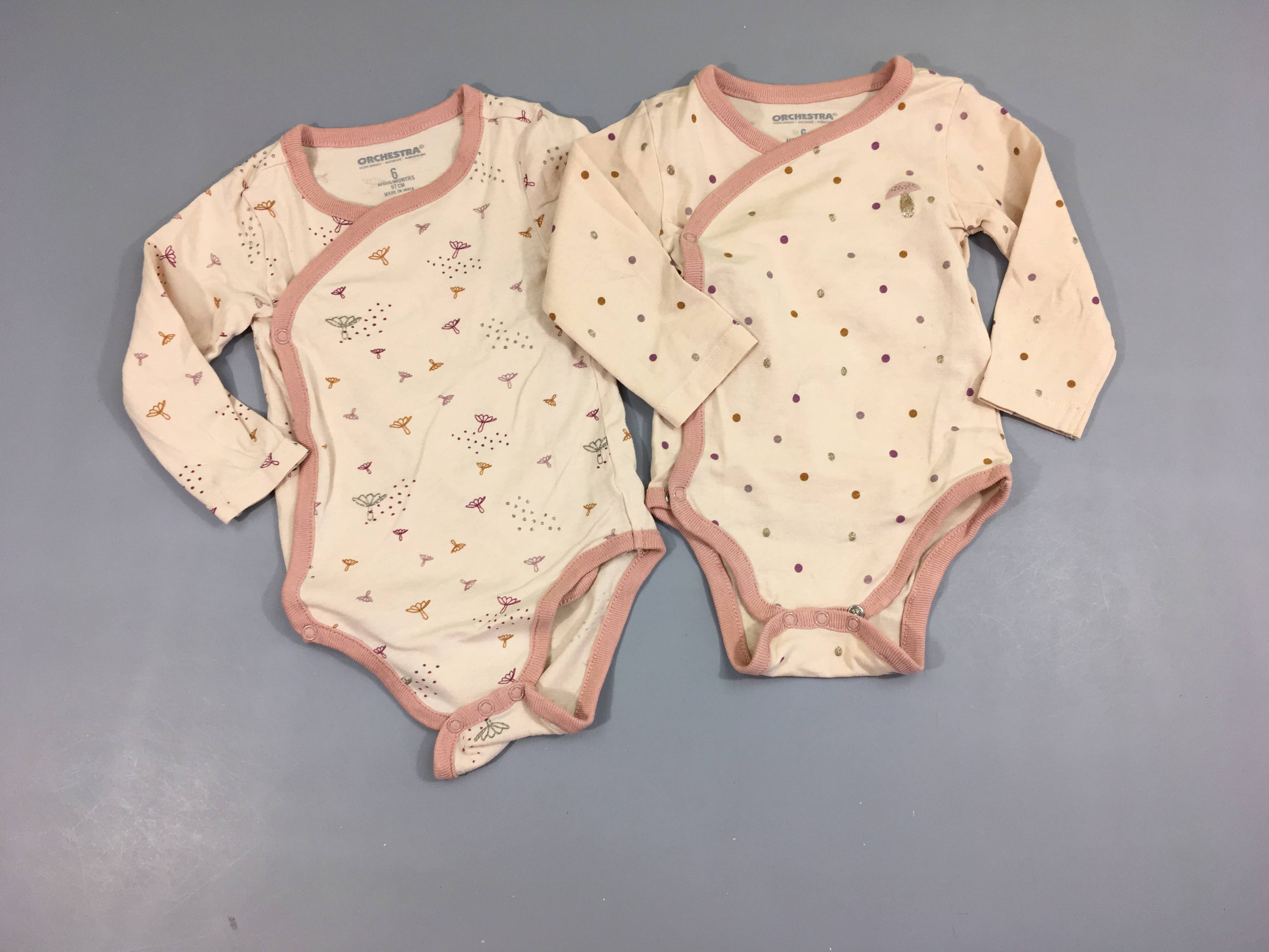 Lot de 2 bodies m.l croisé sur le devant rose pâle pois champignons