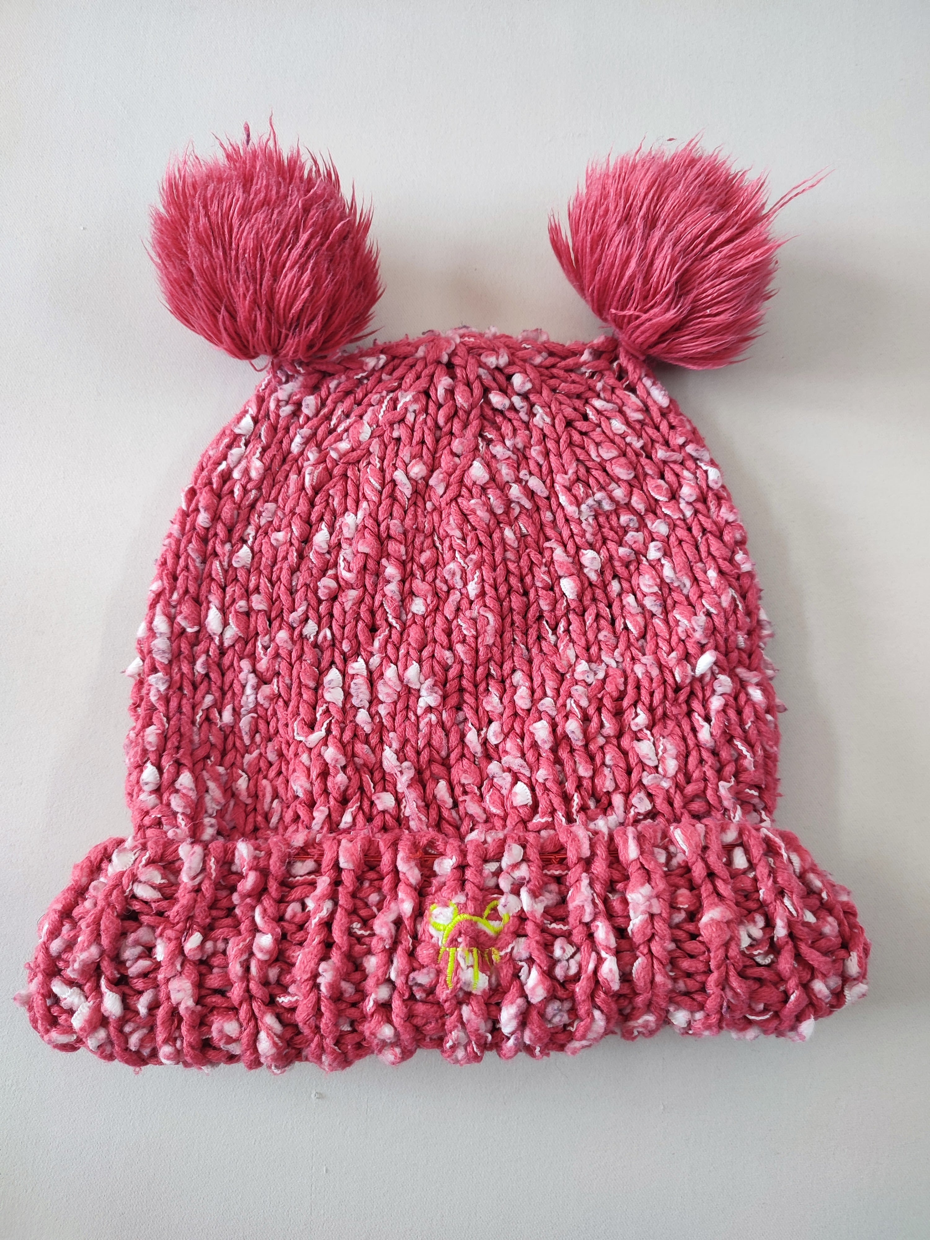 Bonnet grosses mailles rose à pompoms, 53cm