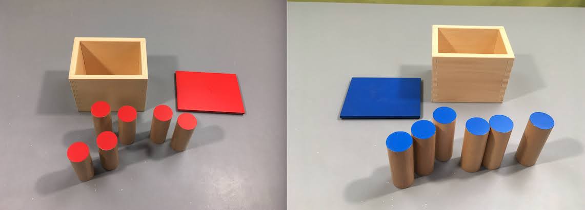 2 boîtes avec 6 cylindres en bois scellés qui contiennent une gradation sonore de matières, Montessori, moins cher chez Petit Kiwi