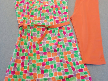 Ensemble robe m.c motifs vert- orange-mauve-rose + legging orange