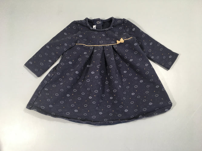 Robe m.l bleu marine , nuages blancs , petit noeud doré, moins cher chez Petit Kiwi