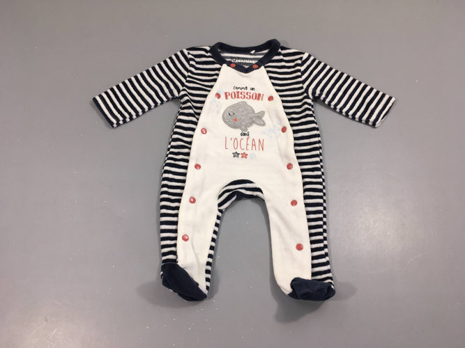 Pyjama velours blanc rayé bleu foncé poisson, moins cher chez Petit Kiwi