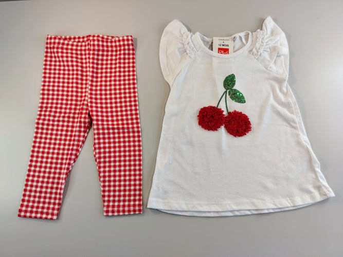 NEUF ensemble T-shirt m.c blanc  cerises, feuilles en sequins + Legging à carreaux rouges et blancs, moins cher chez Petit Kiwi