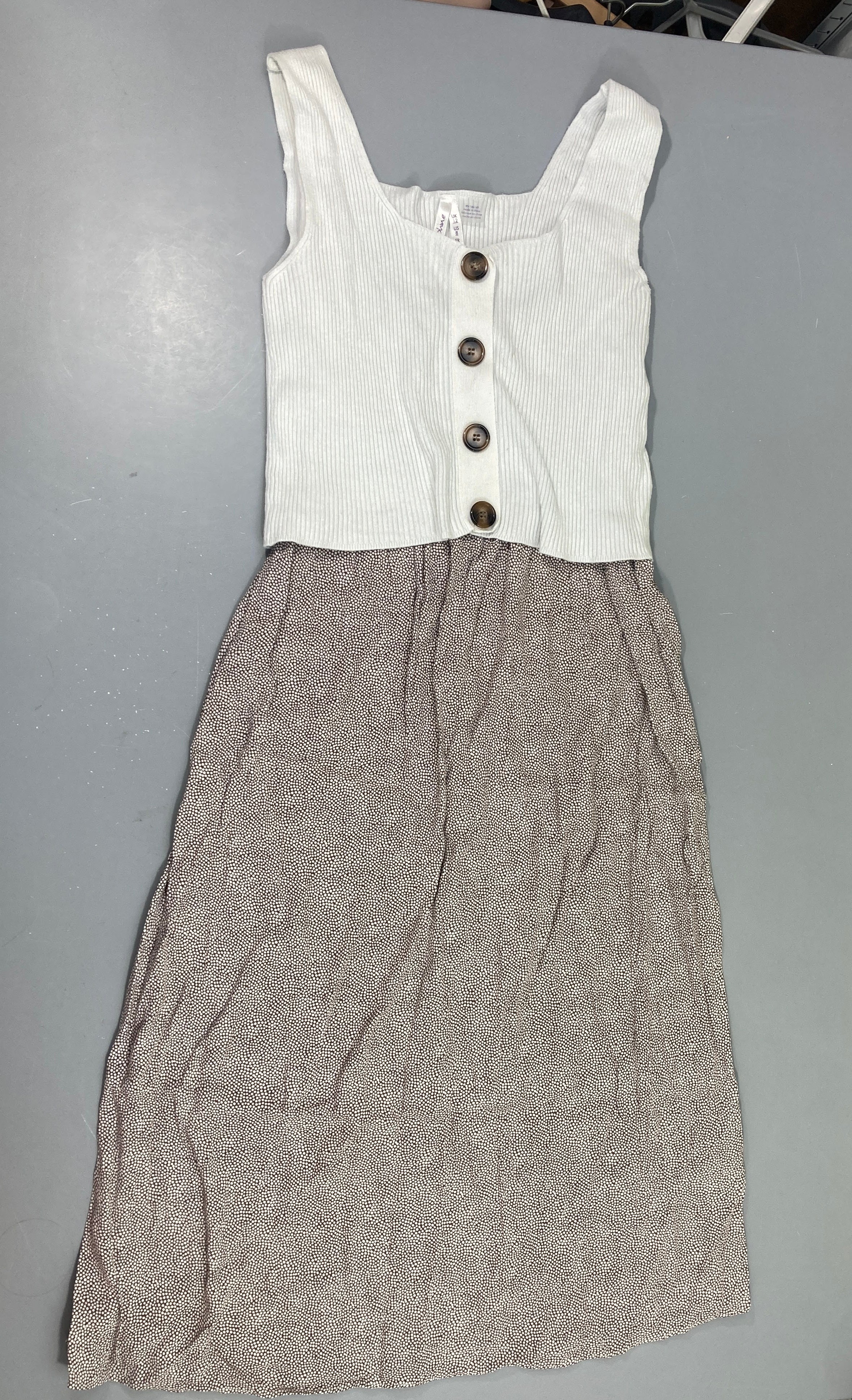 Séraphine-Robe s.m de grossesse bi-matière bas brun pois avec Haut s.m côtelé blanc cassé