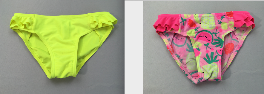 2 culottes de maillots, jaune néon/ rose fruits, moins cher chez Petit Kiwi