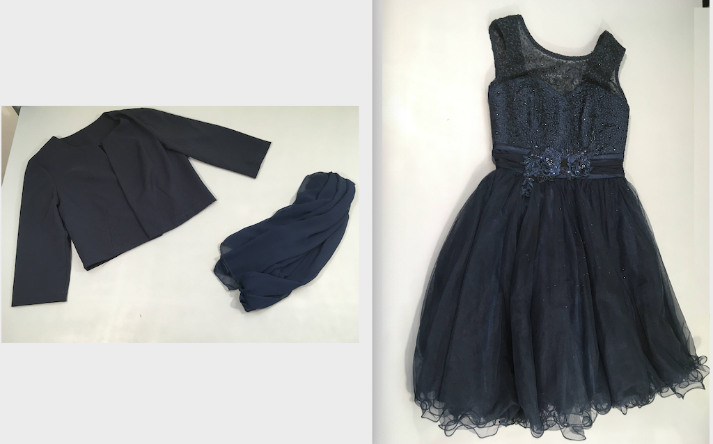 Robe de cérémonie s.m bleu foncé dentelle bas tulle( Tache à relaver) + veste courte + châle voile bleu foncé