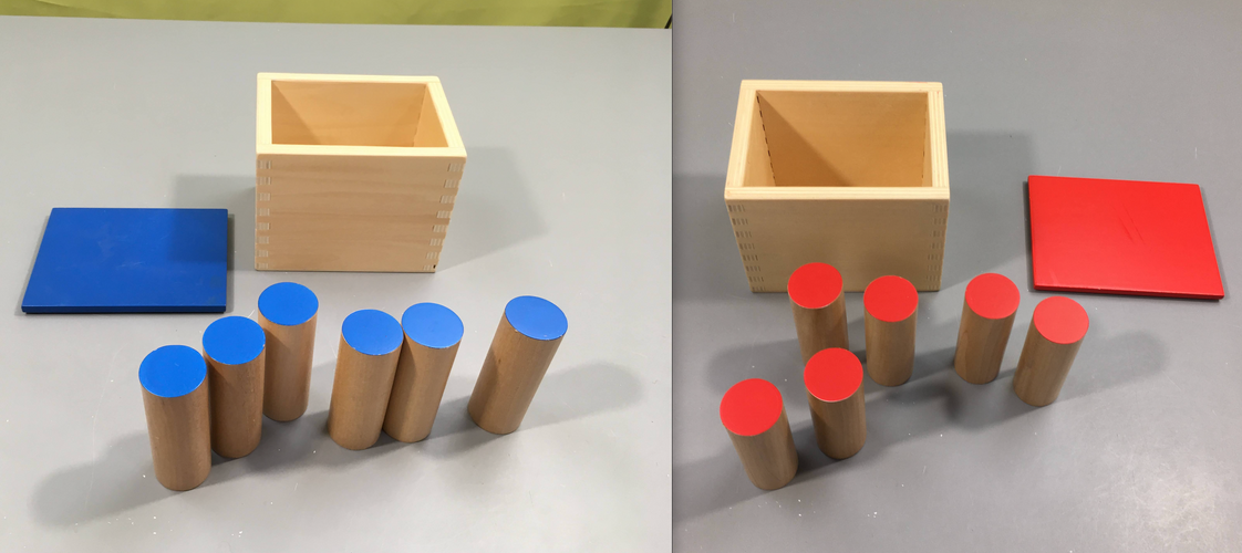 2 boîtes avec 6 cylindres en bois scellés qui contiennent une gradation sonore de matières, Montessori, moins cher chez Petit Kiwi