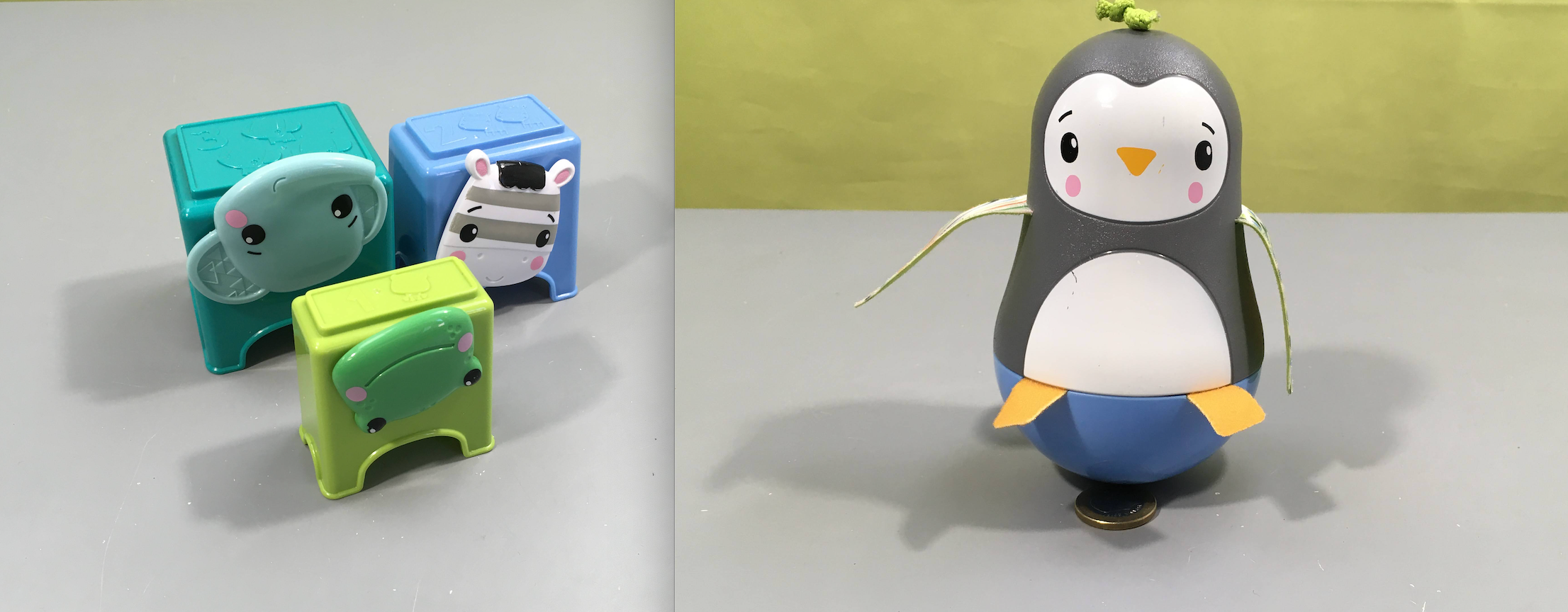 Coffret de jeux fisher price 6m+, seulement pingouin culbuto et cubes à empiler, manque hochet