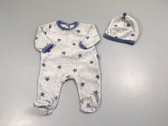 Pyjama velours gris étoiles + bonnet, moins cher chez Petit Kiwi