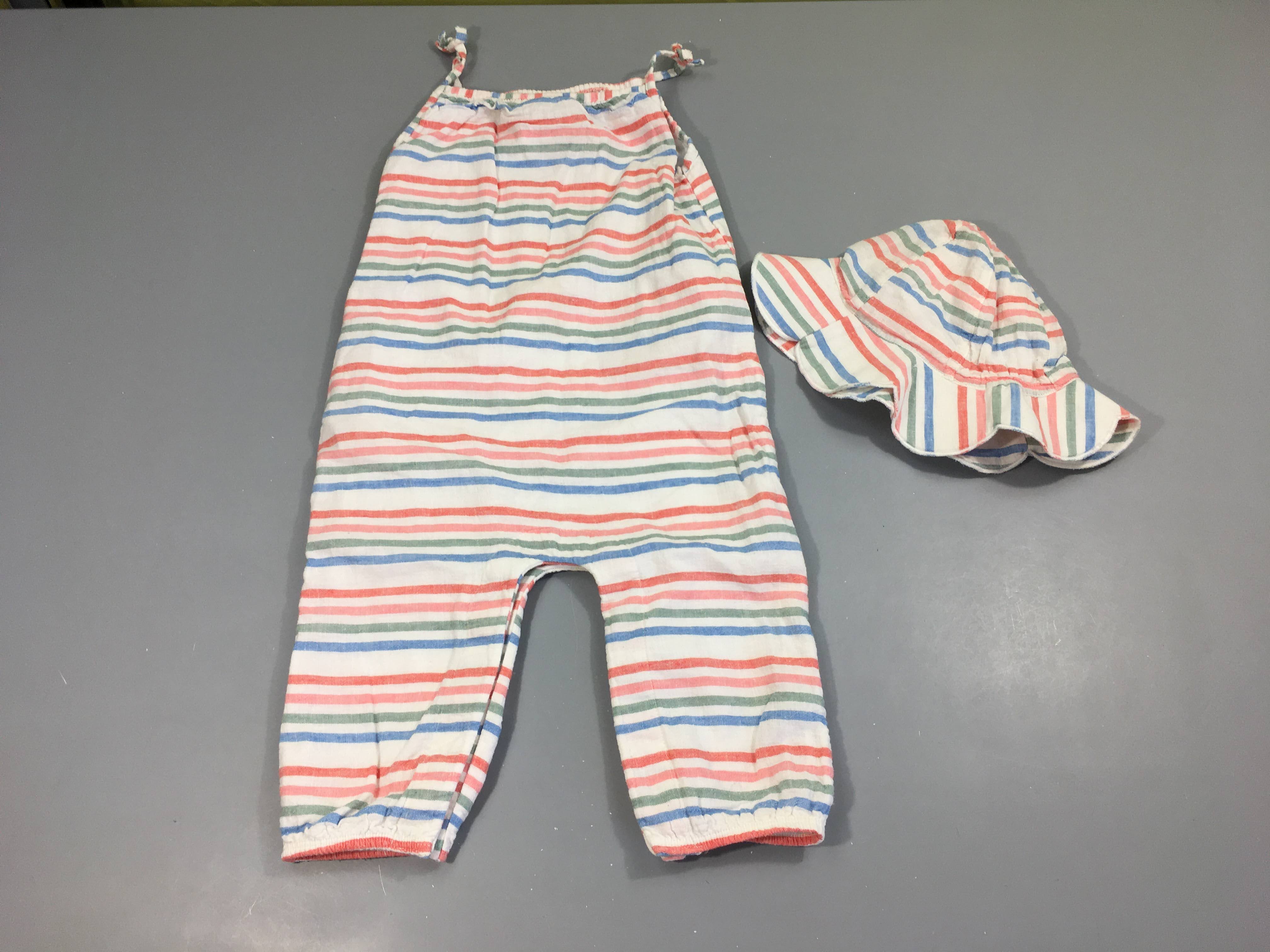 Combinaison blanc rayé couleur + Chapeau 20%Lin