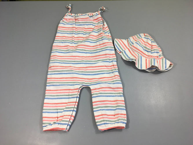 Combinaison blanc rayé couleur + Chapeau 20%Lin, moins cher chez Petit Kiwi