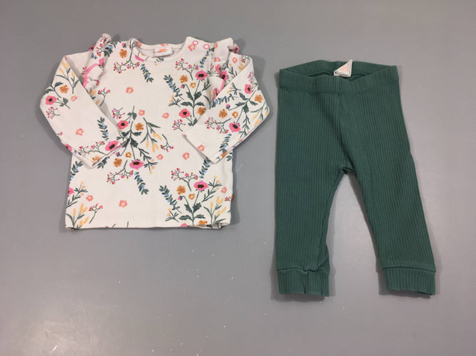 T-shirt m.l cotelé blanc grisé fleuri + legging vert, moins cher chez Petit Kiwi