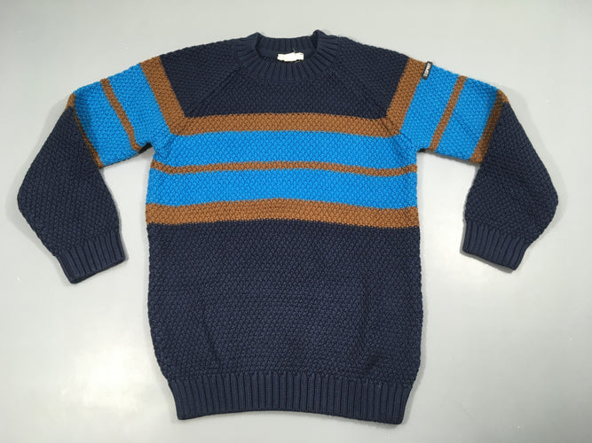 Pull rayé bleu-ocre, moins cher chez Petit Kiwi