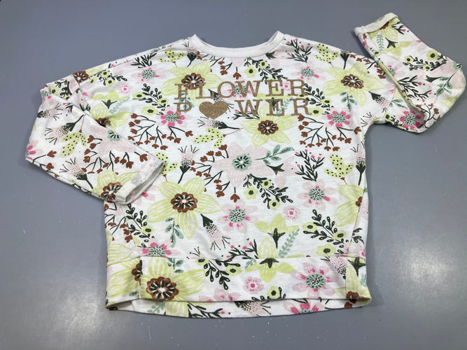 Sweat blanc à fleurs "Flower power",  très légèrement bouloché, moins cher chez Petit Kiwi