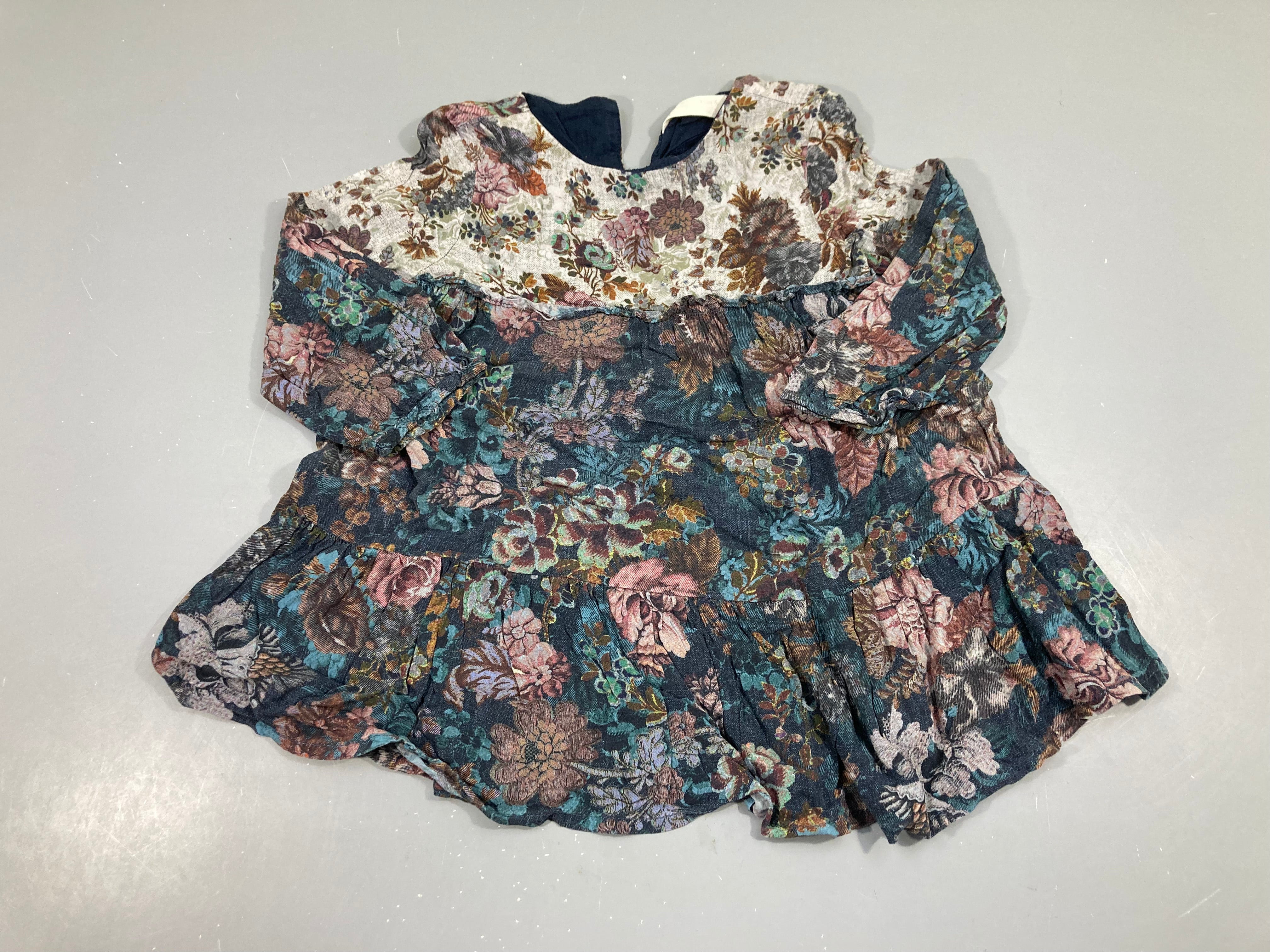 Blouse ml bleu-beige feuillage