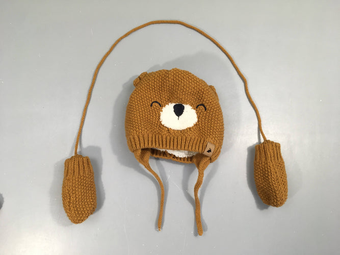 Bonnet + Moufles + Snood mailles ocres doublé peluche, moins cher chez Petit Kiwi