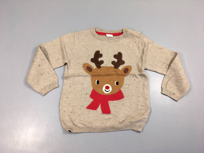 Pull de noël beige moucheté Renne, moins cher chez Petit Kiwi
