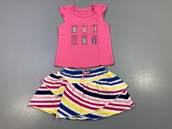 T-shirt m.c rose Cabanons strass légèrement bouloché + Jupe  blanche jersey couleur, moins cher chez Petit Kiwi