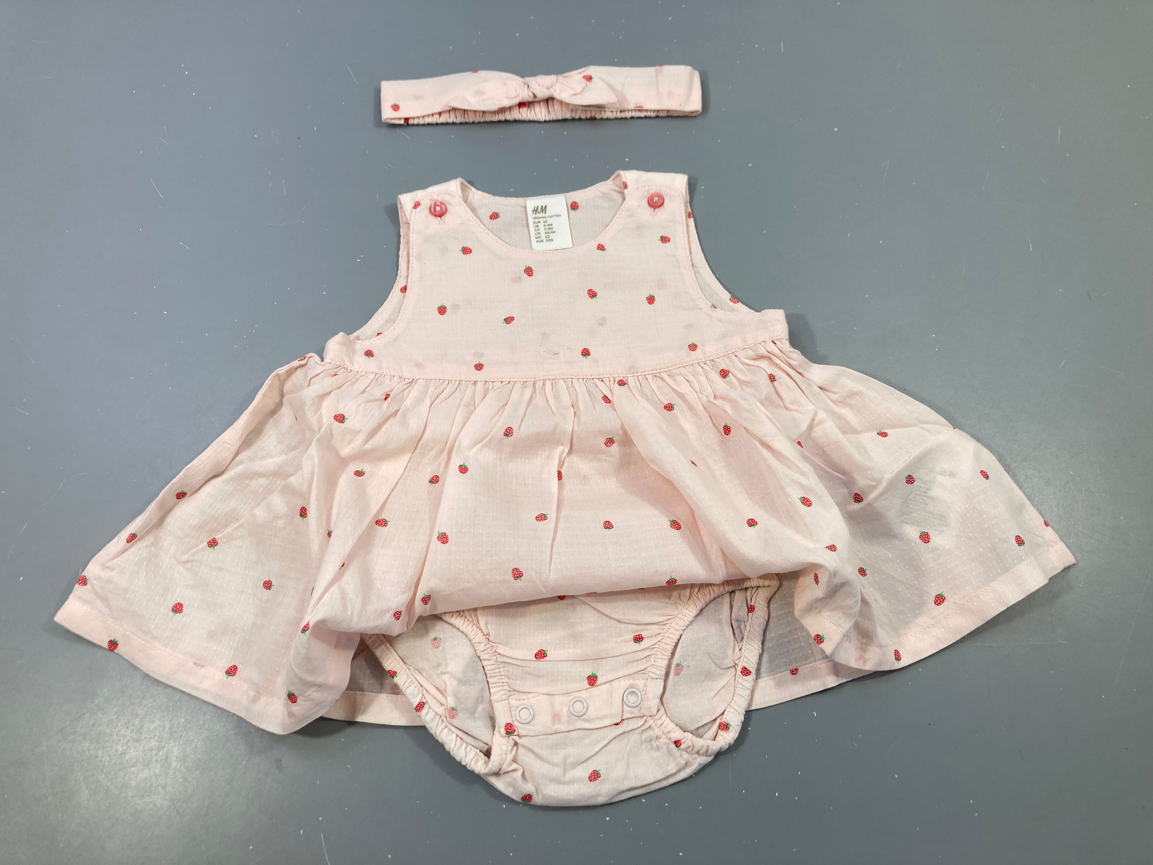 Robe sm coton rose fraises + Bandeau
