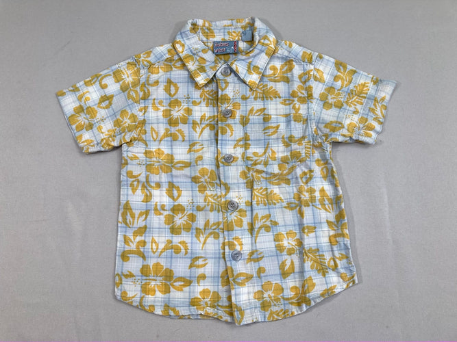 Chemise m.c bleu clair carreaux feurs jaunes, moins cher chez Petit Kiwi