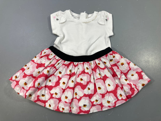 Robe m.c bi-matière jersey blanc haut légèrement bouloché:bac coton rose fleuri blanc, moins cher chez Petit Kiwi