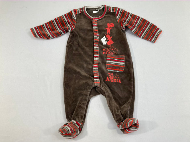 Pyjama velours brun rayé rouge zèbres flocage un peu craquelé, moins cher chez Petit Kiwi