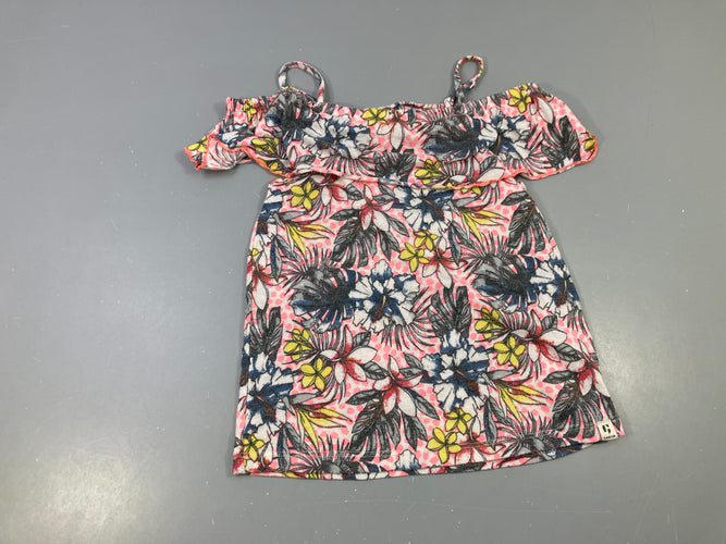 T-shirt m.c blanc fleurs rose/jaune épaules dénudées, bouloché, moins cher chez Petit Kiwi