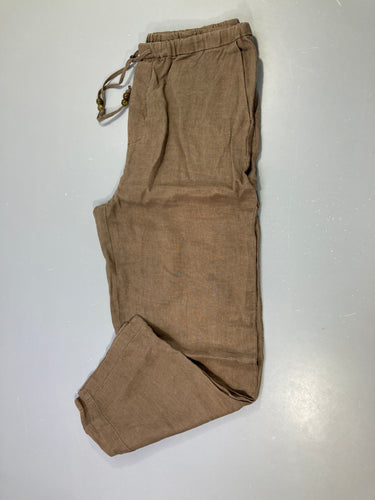 Pantalon court brun/kaki 100% lin, moins cher chez Petit Kiwi